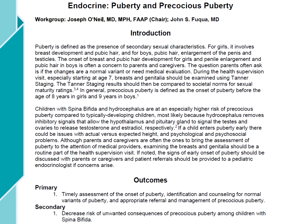 Endocrine Puberty And Precocious Puberty Guideline Spina Bifida Association